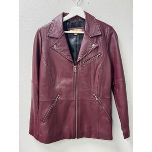 Moto Womens‎ Vintage Biker Style Leather Jacket Merlot Red Zip Up